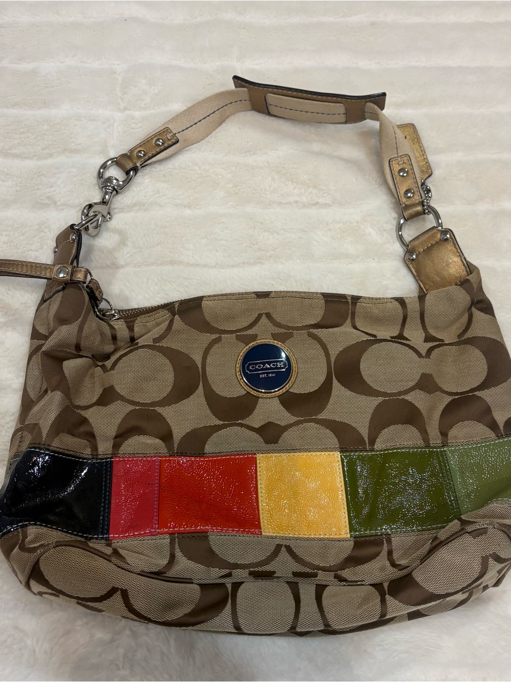 Coach Tan Signature Canvas Shoulder Bag with Multicolor Patent Stripe